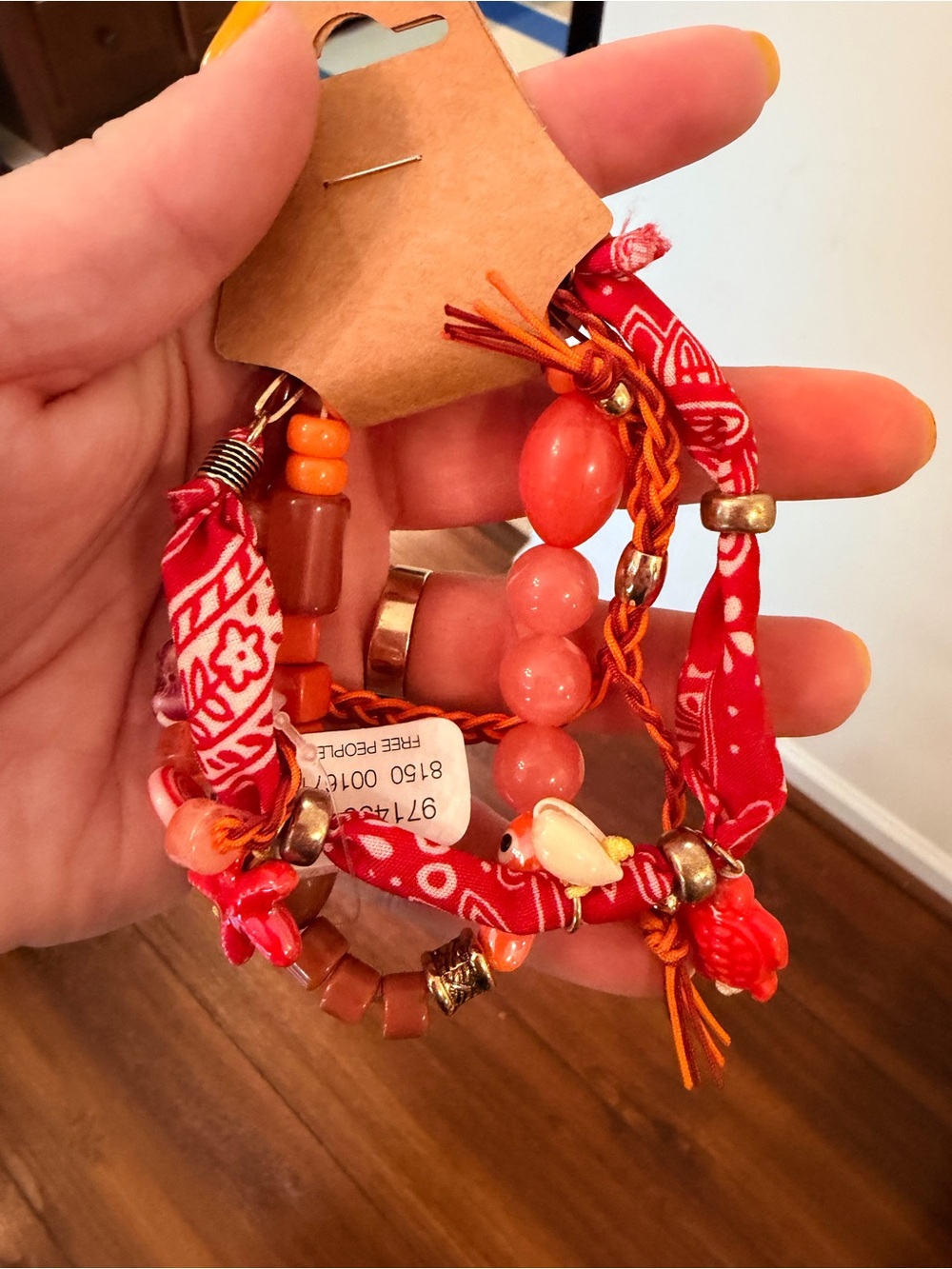 Free People Red and Orange Beaded Bandana Wrap Bracelet Set